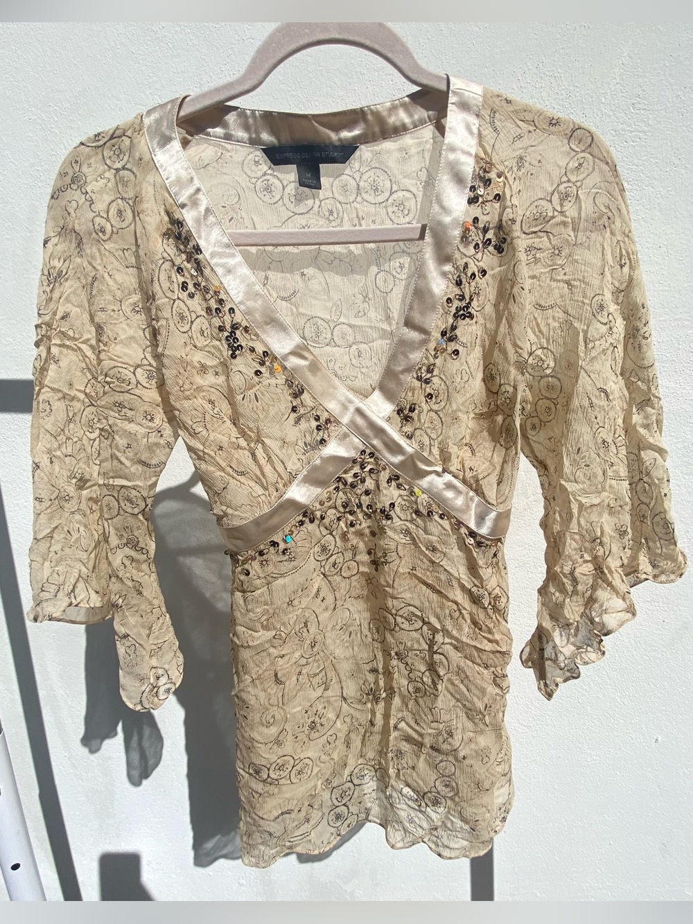 Y2K 100% Silk Chiffon Tan Floral Sequin Satin Tie Back Fairy Blouse Size Medium